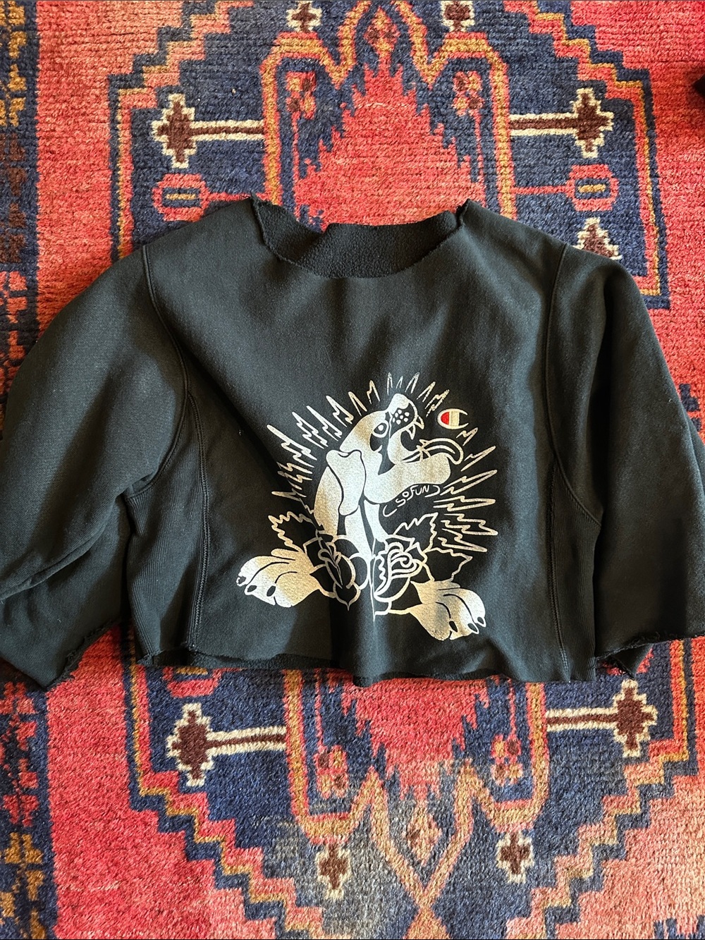 Vintage Champion Black Cropped Sweatshirt with White Graphic Panther